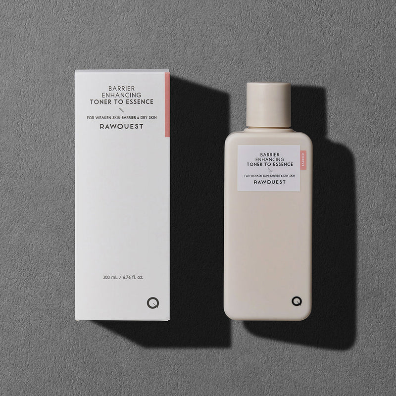 ProtoClinical k-beauty RAWQUEST Barrier Enhancing Toner To Essence 200ml shown as a vertical silhouette with bright white highlights and dark charcoal sides on a light background