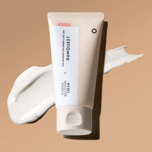 ProtoClinical k-beauty abstract beauty graphic with warm peach sides and a pale mint vertical center on a light background.