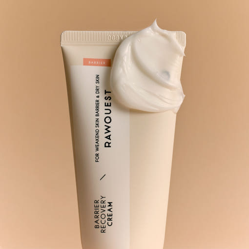 ProtoClinical k-beauty RAWQUEST Barrier Recovery Cream 80ml shown as a vertical silhouette with warm tan sides and a pale pink center on a light background