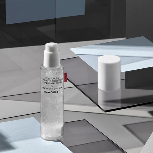 ProtoClinical k-beauty RAWQUEST Echinacea Calming And Moisture Capsule Gel Serum 50ml shown as a vertical silhouette with a dark charcoal top band and a pale blue-gray lower body on a light background