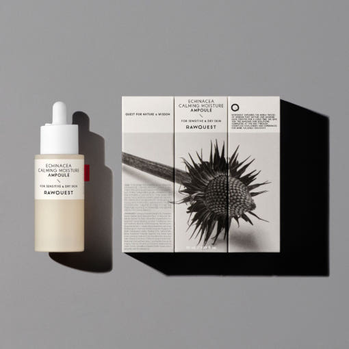 ProtoClinical k-beauty RAWQUEST Echinacea Calming Moisture Ampoule 50ml single upright ampoule bottle silhouette centered on a light background with dark charcoal and warm beige tones