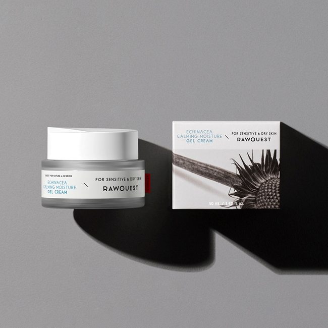 ProtoClinical k-beauty RAWQUEST Echinacea Calming Moisture Gel Cream 50ml abstract beauty graphic with pale lavender and soft gray upper shapes above a dark charcoal base on a light background.