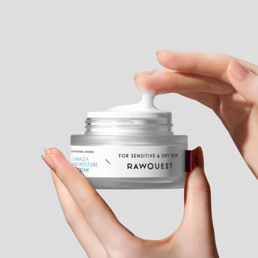 ProtoClinical k-beauty RAWQUEST Echinacea Calming Moisture Gel Cream 50ml abstract beauty graphic with pale blue, beige, and taupe clustered shapes on a light background