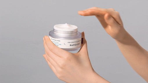 ProtoClinical k-beauty RAWQUEST Echinacea Calming Moisture Gel Cream 50ml abstract beauty graphic with soft gray and warm taupe blending on a light background.