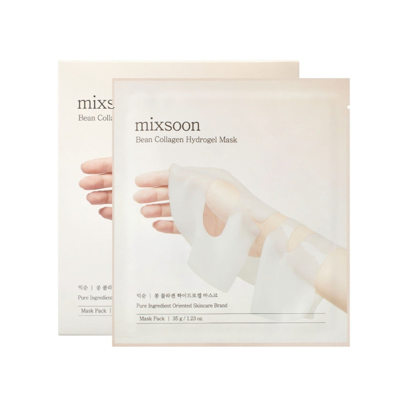 ProtoClinical k-beauty mixsoon Bean Collagen Hydrogel Mask 35g X 5ea single pale beige square mask pack centered on a white background