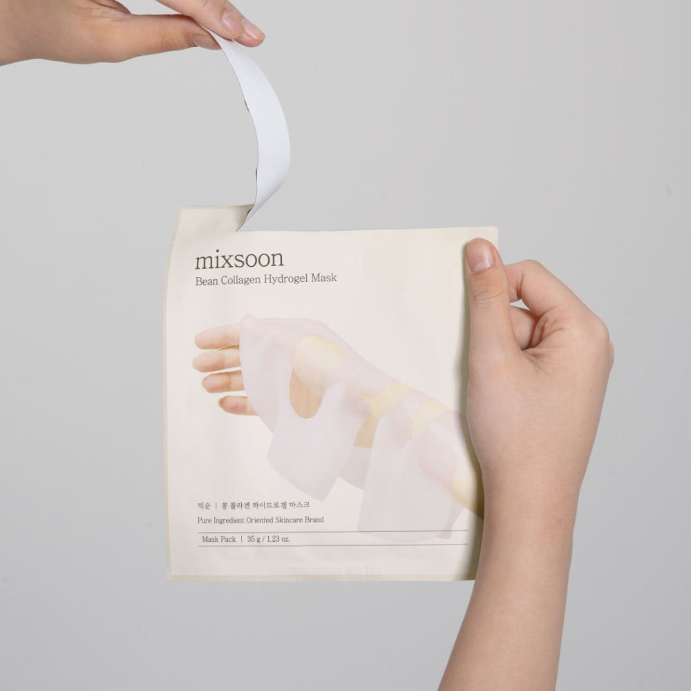 ProtoClinical k-beauty mixsoon Bean Collagen Hydrogel Mask 35g X 5ea single vertical mask pack centered on a light gray background with darker gray side shading