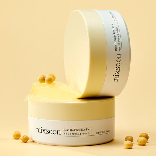 ProtoClinical k-beauty mixsoon Bean Hydrogel Eye Patch 84g (30 pairs) single upright eye patch package in warm gold and brown tones on a pale yellow background