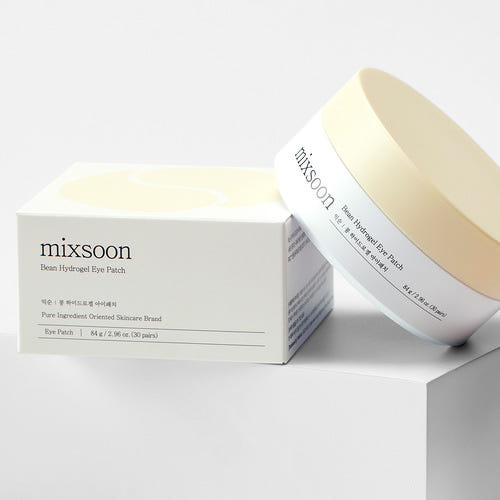ProtoClinical k-beauty mixsoon Bean Hydrogel Eye Patch 84g (30 pairs) single upright eye patch package in warm gold and brown tones on a pale yellow background