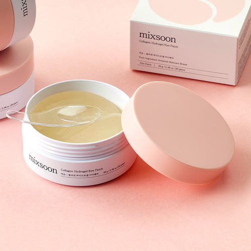 ProtoClinical k-beauty mixsoon Collagen Hydrogel Eye Patch 84g (30 pairs) single round eye patch jar centered on a soft beige background