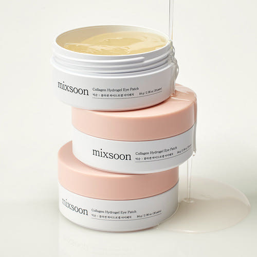 ProtoClinical k-beauty mixsoon Collagen Hydrogel Eye Patch 84g (30 pairs) single round eye patch jar centered on a soft beige background
