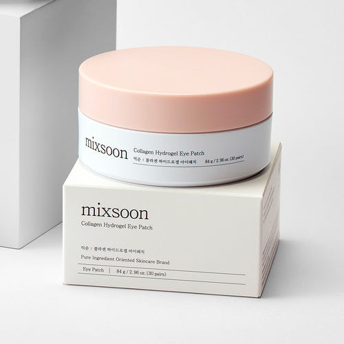 ProtoClinical k-beauty mixsoon Collagen Hydrogel Eye Patch 84g (30 pairs) single round eye patch jar centered between pale side panels on a soft beige background