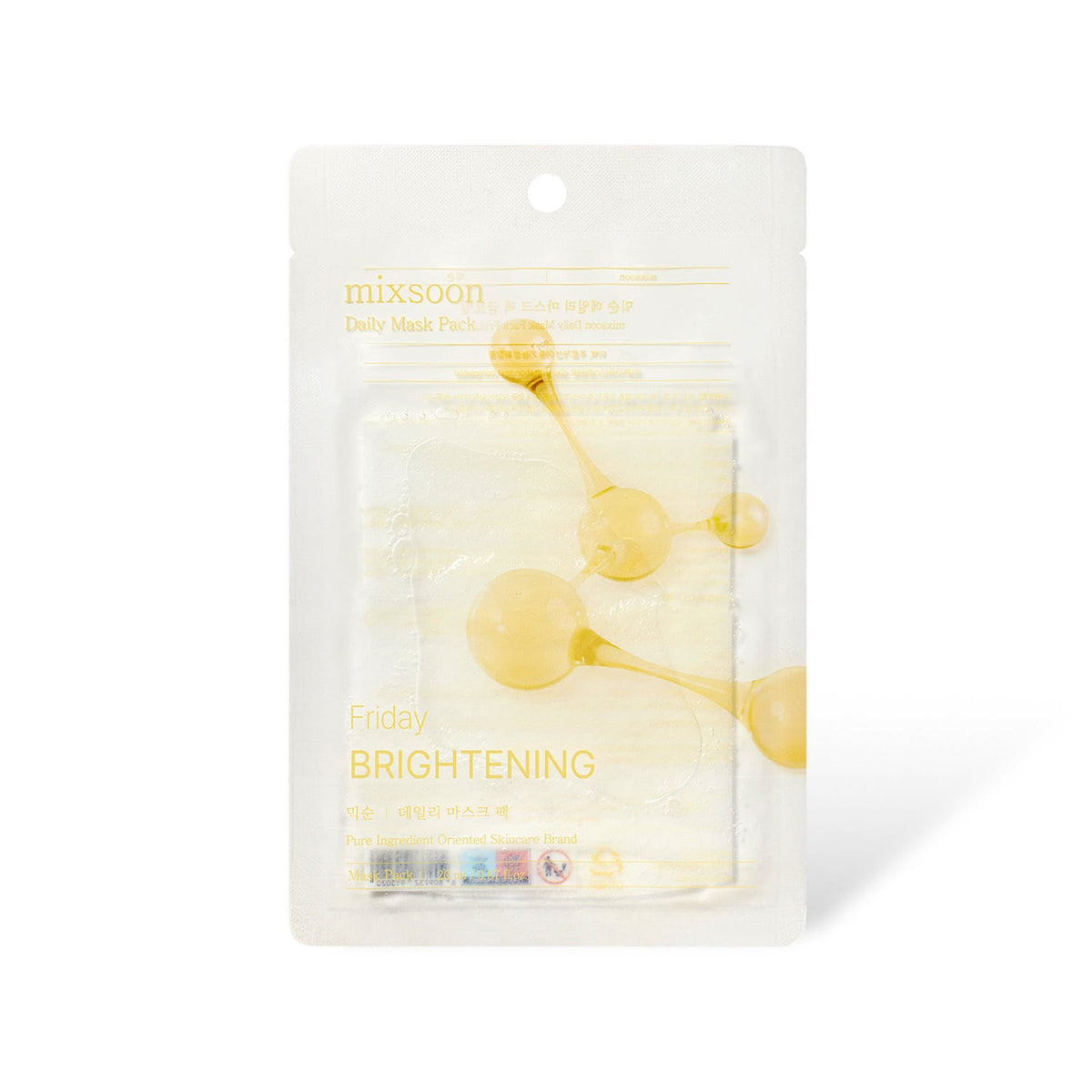 ProtoClinical k-beauty mixsoon Daily Mask Pack Friday 20ml X 10ea single translucent sheet mask packet with yellow serum droplet graphics on a clean white background