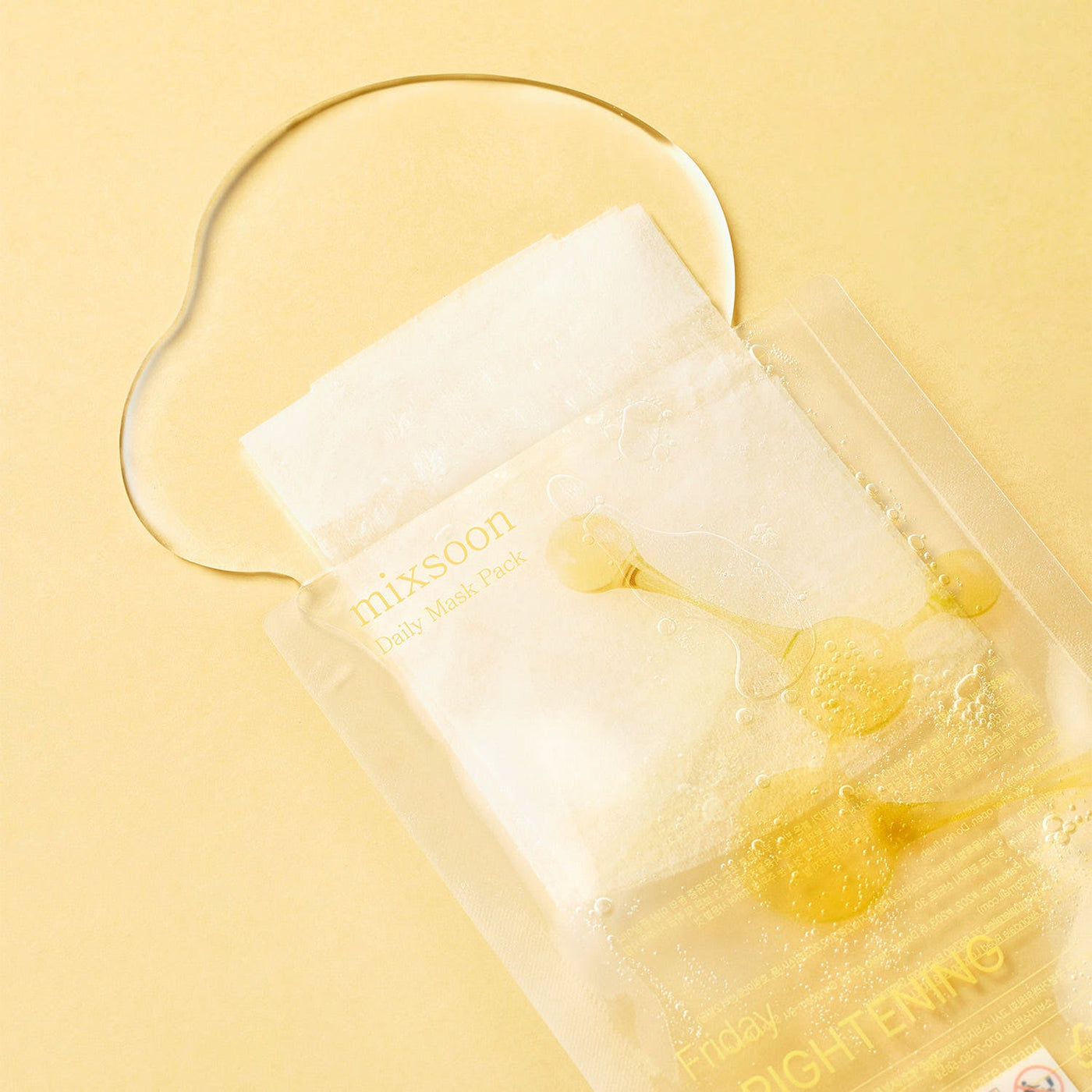 ProtoClinical k-beauty mixsoon Daily Mask Pack Friday 20ml X 10ea single bright yellow rectangular mask packet with a pale center panel on a light background