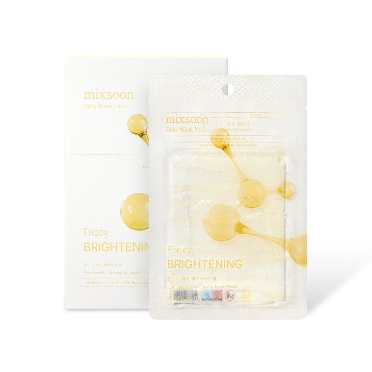 ProtoClinical k-beauty mixsoon Daily Mask Pack Friday 20ml X 10ea sheet mask packet displayed in front of the matching white box with yellow droplet graphics on a clean white background