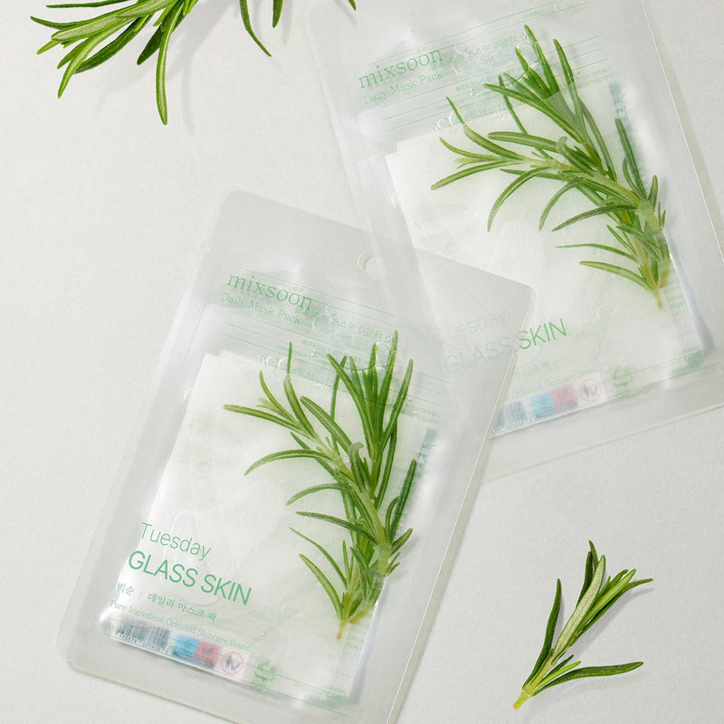 ProtoClinical k-beauty mixsoon Daily Mask Pack Tuesday 20ml X 10ea sheet mask pouch resting on a round glass plate with clear dishware on a bright white surface