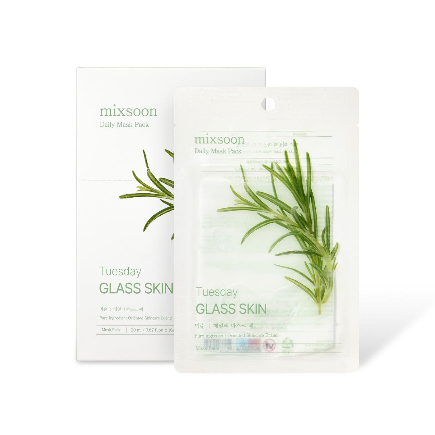ProtoClinical k-beauty mixsoon Daily Mask Pack Tuesday 20ml X 10ea standing sheet mask pouch layered in front of its box packaging on a clean white background