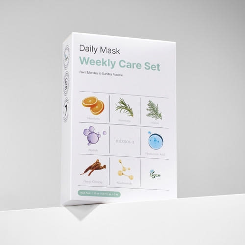ProtoClinical k-beauty mixsoon Daily Mask Weekly Care Set (20ml X 7ea) light-toned weekly care set packaging on a soft neutral background