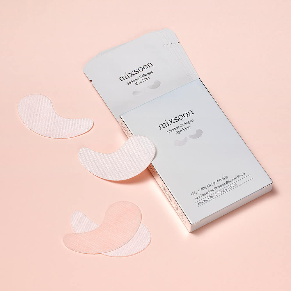 ProtoClinical k-beauty mixsoon Melting Collagen Eye Film 10ea/5pairs single pale blue eye film package standing upright on a clean white background