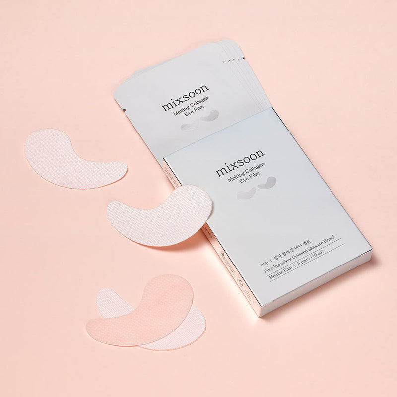 ProtoClinical k-beauty mixsoon Melting Collagen Eye Film 10ea/5pairs single pale blue eye film package standing upright on a clean white background