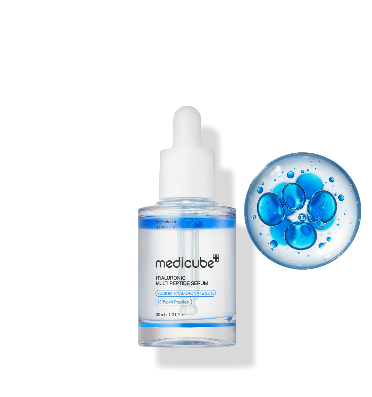 ProtoClinical k-beauty MEDICUBE: Hyaluronic Multi Peptide Serum (30ml) single upright pale blue serum bottle centered on a soft blue background