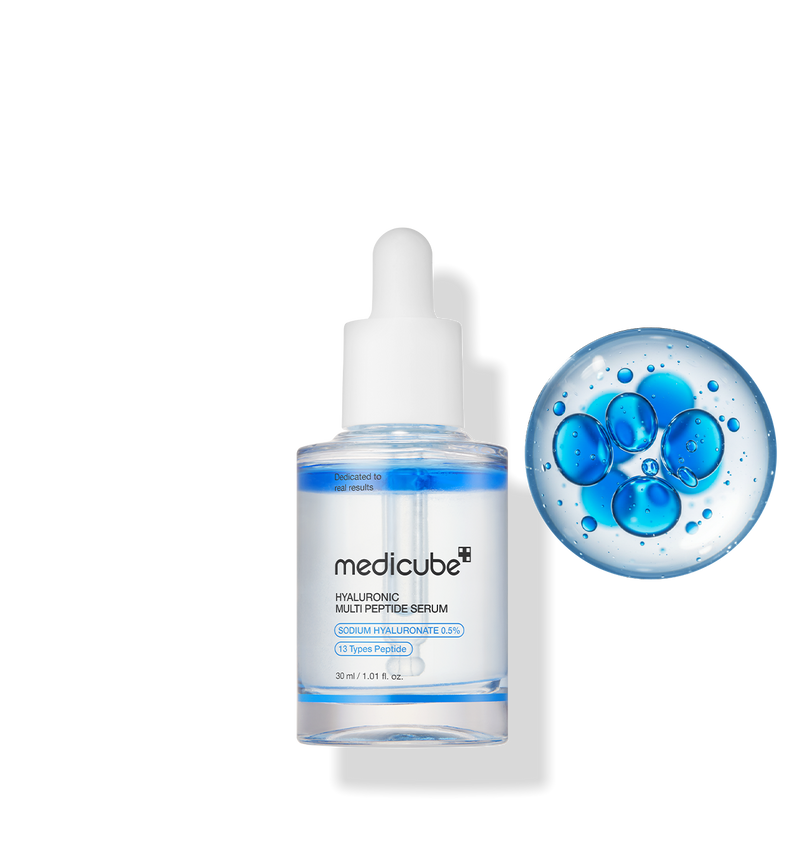 ProtoClinical k-beauty MEDICUBE: Hyaluronic Multi Peptide Serum (30ml) single upright pale blue serum bottle centered on a soft blue background