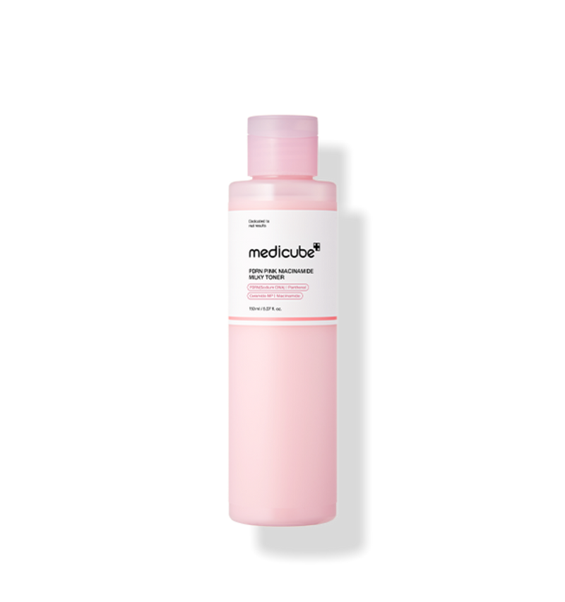 ProtoClinical k-beauty MEDICUBE: PDRN Pink Niacinamide Milky Toner (150ml) single upright pale pink toner bottle centered on a white background