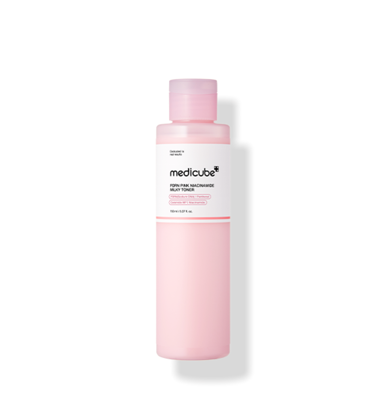 ProtoClinical k-beauty MEDICUBE: PDRN Pink Niacinamide Milky Toner (150ml) single upright pale pink toner bottle centered on a white background