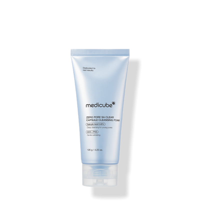 ProtoClinical k-beauty MEDICUBE: Zero Pore Capsule Cleansing Foam (120g), single upright pale blue cleansing foam tube on a white background.
