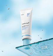 ProtoClinical k-beauty MEDICUBE: Zero Pore Moisture Sun Serum (50ml) white sun serum tube with a pale blue cap standing on a glass sheet above water ripples and droplets
