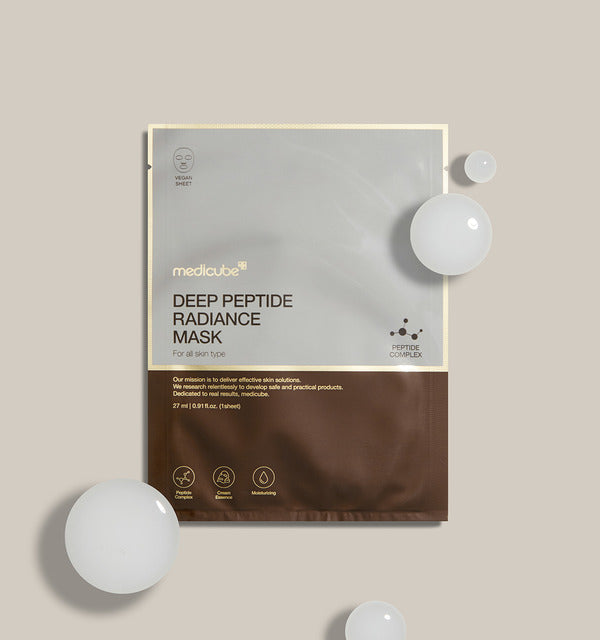 ProtoClinical k-beauty medicube Deep Peptide Radiance Mask 27g X 5ea single sheet mask pack centered on a clean white background