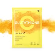 ProtoClinical k-beauty MEDICUBE: Deep Vita C Glutathione Brightening Mask (27 x 5Units) single yellow mask packet centered with an orange vitamin C graphic and orange powder band on a white background