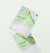 ProtoClinical k-beauty MEDICUBE: Super Cica Calming Mask Ea (22g x 5) two green and white sheet mask packets layered diagonally on a pale ivory background