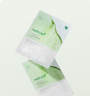 ProtoClinical k-beauty MEDICUBE: Super Cica Calming Mask Ea (22g x 5) two green and white sheet mask packets layered diagonally on a pale ivory background