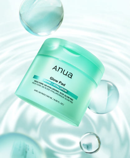 ProtoClinical k-beauty Anua PDRN 100 Hyaluronic Acid Glow Pad 60P/180ml single teal green vertical product silhouette centered on a pale aqua background with soft blue lower shading