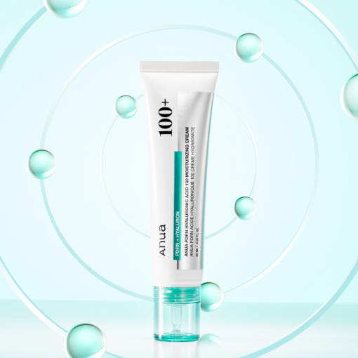 ProtoClinical k-beauty Anua PDRN Hyaluronic Acid 100 Moisturizing Cream 60ml single upright white cream tube with a translucent aqua dispenser tip centered on a white background