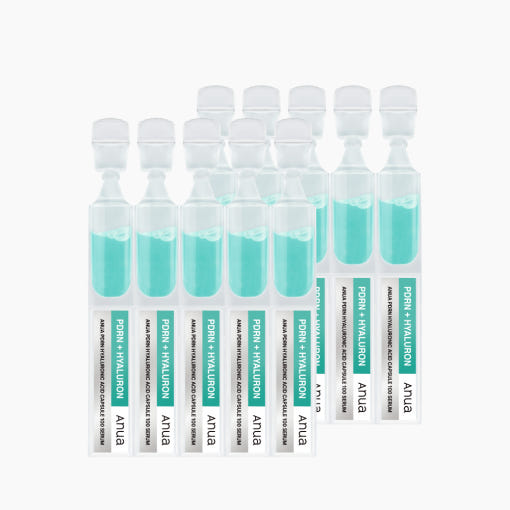 ProtoClinical k-beauty Anua PDRN Hyaluronic Acid Capsule 100 Serum 1ml X 10ea single aqua rectangular serum package centered on a white background with soft peach corner shading
