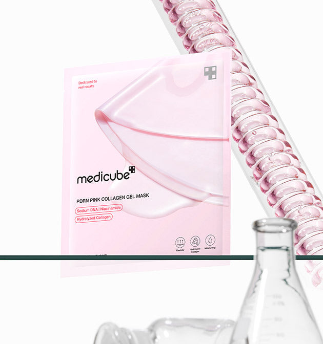 ProtoClinical k-beauty medicube PDRN Pink Collagen Gel Mask 28g X 8ea shown on a side-profile model peeling off a translucent pink gel mask beside pink infographic text