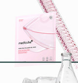 ProtoClinical k-beauty medicube PDRN Pink Collagen Gel Mask 28g X 8ea shown on a side-profile model peeling off a translucent pink gel mask beside pink infographic text