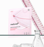 ProtoClinical k-beauty medicube PDRN Pink Collagen Gel Mask 28g X 8ea shown on a side-profile model peeling off a translucent pink gel mask beside pink infographic text