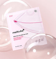 ProtoClinical k-beauty medicube PDRN Pink Collagen Gel Mask 28g X 8ea shown as a translucent pink hydrogel face mask over a pastel pink packet on a clean white background