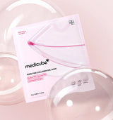 ProtoClinical k-beauty medicube PDRN Pink Collagen Gel Mask 28g X 8ea in an angled pastel pink packet with a translucent gel mask draped across the front on a pale cream background