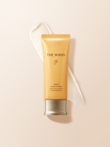 ProtoClinical k-beauty [THE WHOO] Firming Neck and Face Protein Repair Mask 100ml single beige repair mask tube on a light background