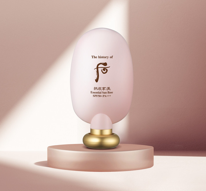 ProtoClinical k-beauty warm beige and brown beauty graphic with layered dark panel shapes.
