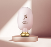 ProtoClinical k-beauty warm beige and brown beauty graphic with layered dark panel shapes.