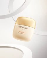 ProtoClinical k-beauty [THE WHOO] Gongjinhyang Sunquid UV Protective Cream SPF50+ PA++++ 50ml single upright beige sun cream package centered on a white background.