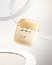 ProtoClinical k-beauty [THE WHOO] Gongjinhyang Sunquid UV Protective Cream SPF50+ PA++++ 50ml single upright beige sun cream package centered on a white background.