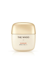 ProtoClinical k-beauty [THE WHOO] Gongjinhyang Sunquid UV Protective Cream SPF50+ PA++++ 50ml single upright beige sun cream package centered on a white background.
