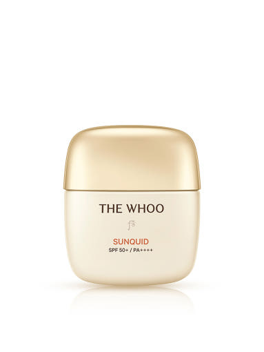 ProtoClinical k-beauty [THE WHOO] Gongjinhyang Sunquid UV Protective Cream SPF50+ PA++++ 50ml single upright beige sun cream package centered on a white background.