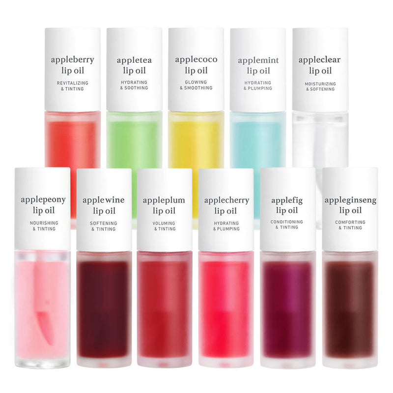 ProtoClinical k-beauty nooni Apple Lip Oil 3.7ml square lip oil graphic with a pink lower band, pale green upper area, and soft light background