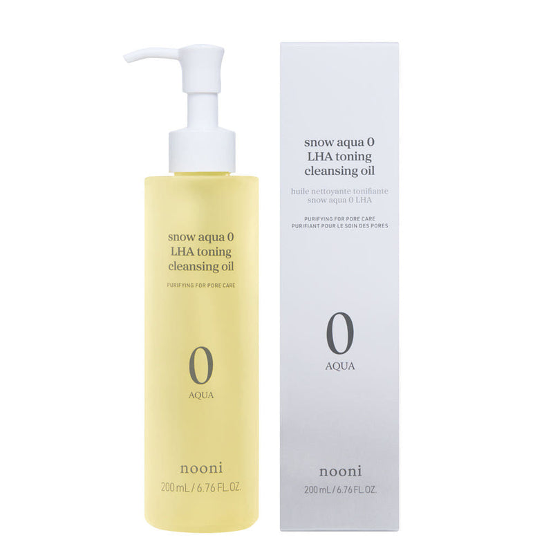 ProtoClinical k-beauty nooni Snow Aqua 0 LHA Toning Cleansing Oil 200ml square product graphic with a single cleansing oil package on a white background